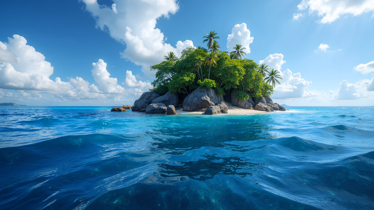 A tranquil tropical island with lush greenery and crystal-clear waters.