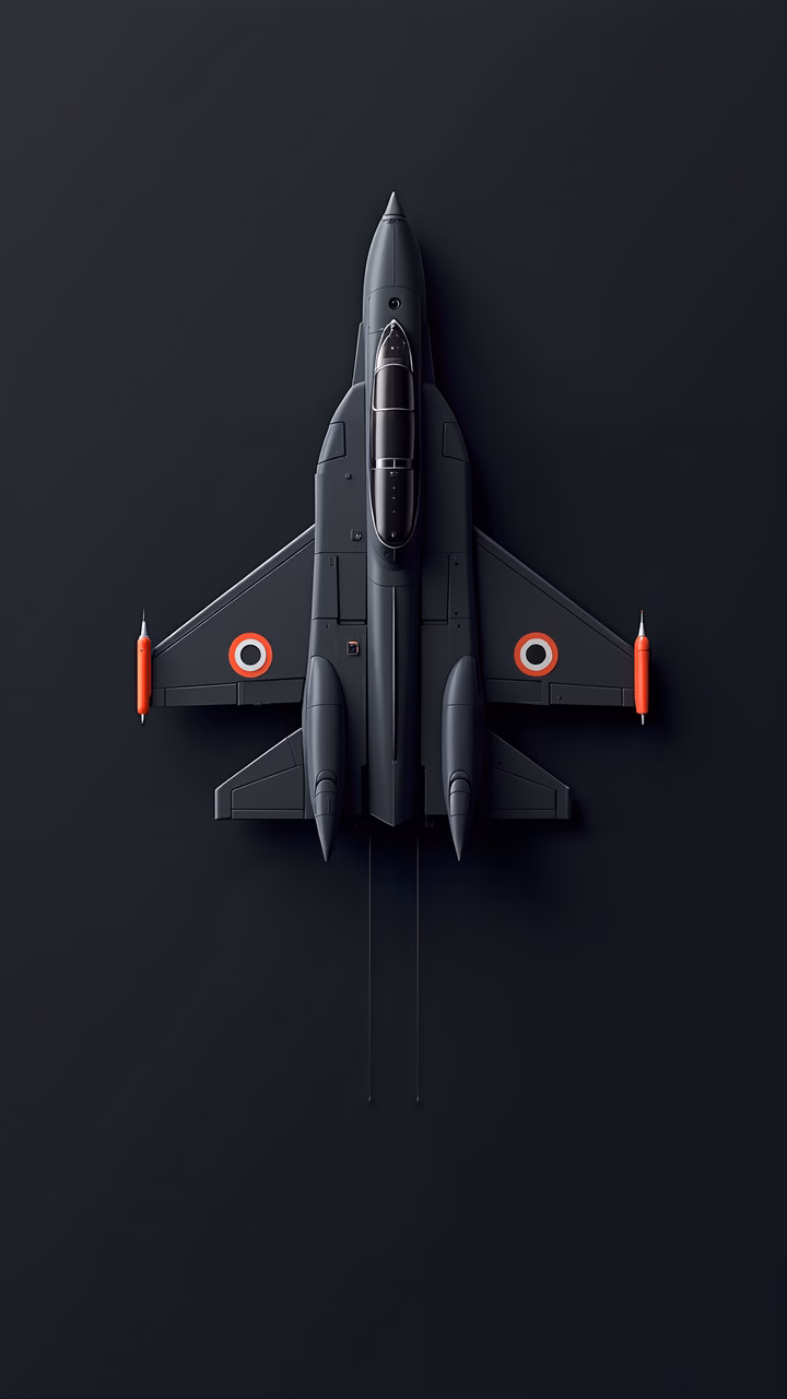 Minimalist jet fighter illustration with dark gray and red accents.