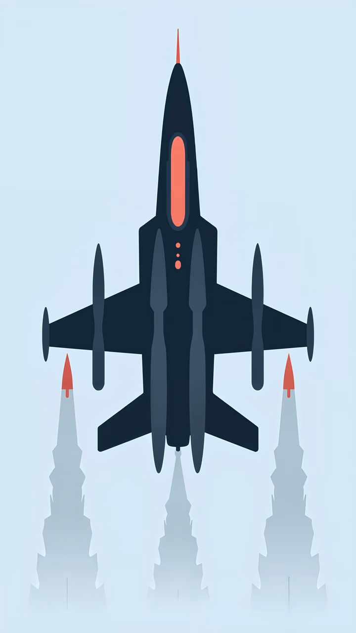 Minimalist jet fighter illustration with bold color contrasts and dynamic exhaust flames.