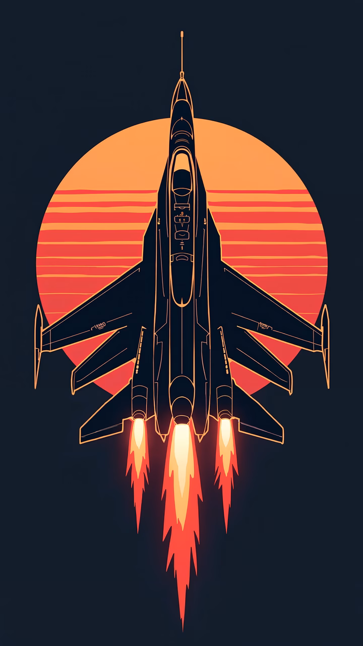 Sleek jet fighter silhouette against a vibrant sunset, modern minimalism.