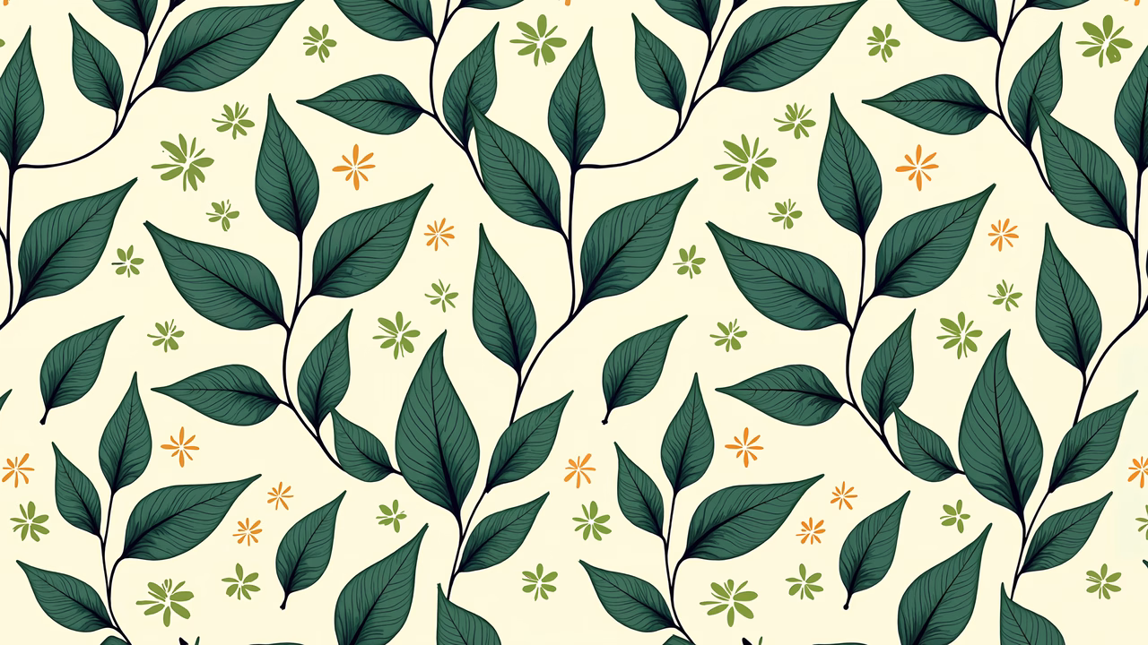 Repeating leaf and flower pattern on a light beige background, modern and fresh design.