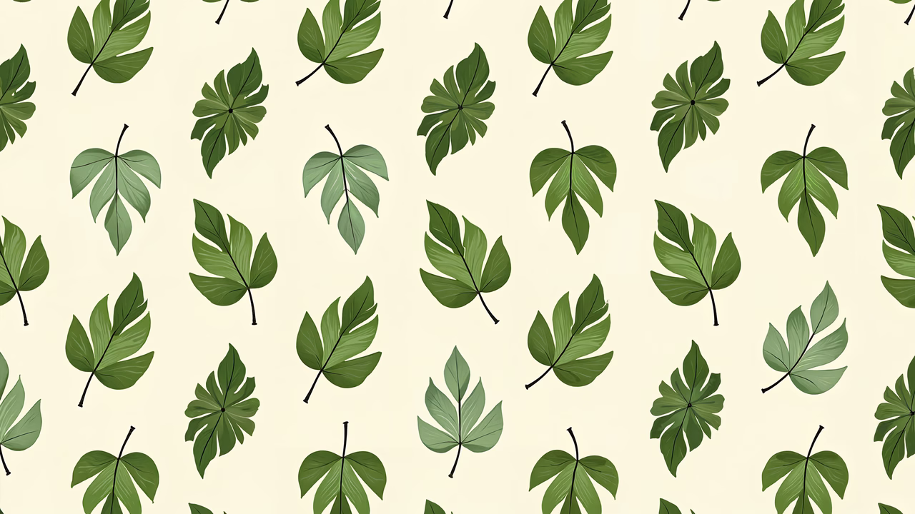 Repeating leaf pattern in green and beige tones, serene nature-inspired design.