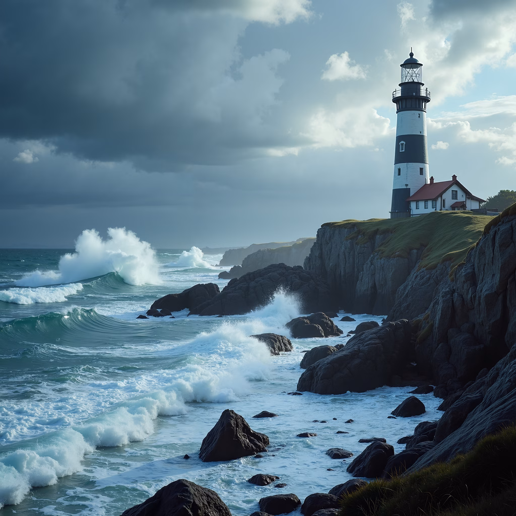 A lighthouse on rocky cliffs with crashing waves under a stormy sky.