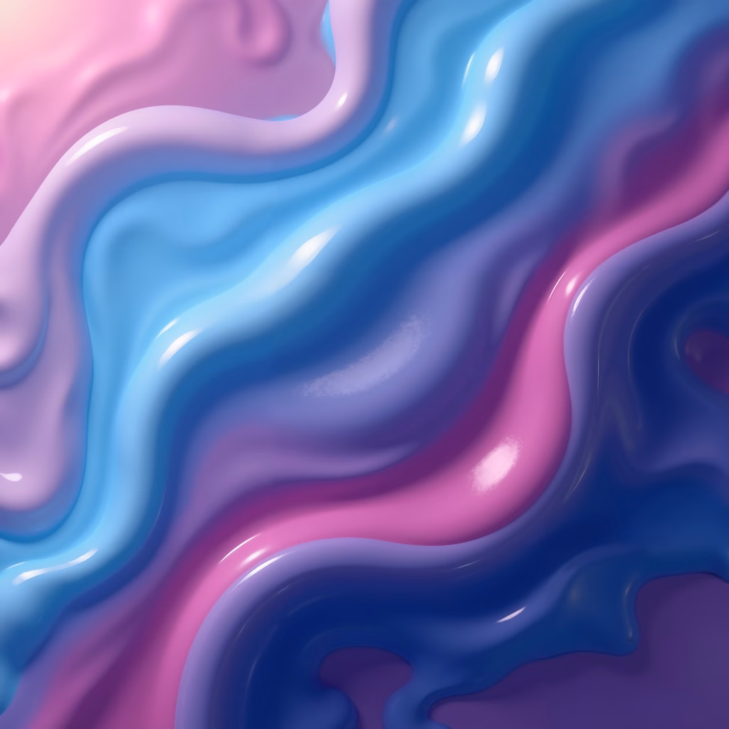 Abstract illustration featuring glossy liquid textures in cool tones.