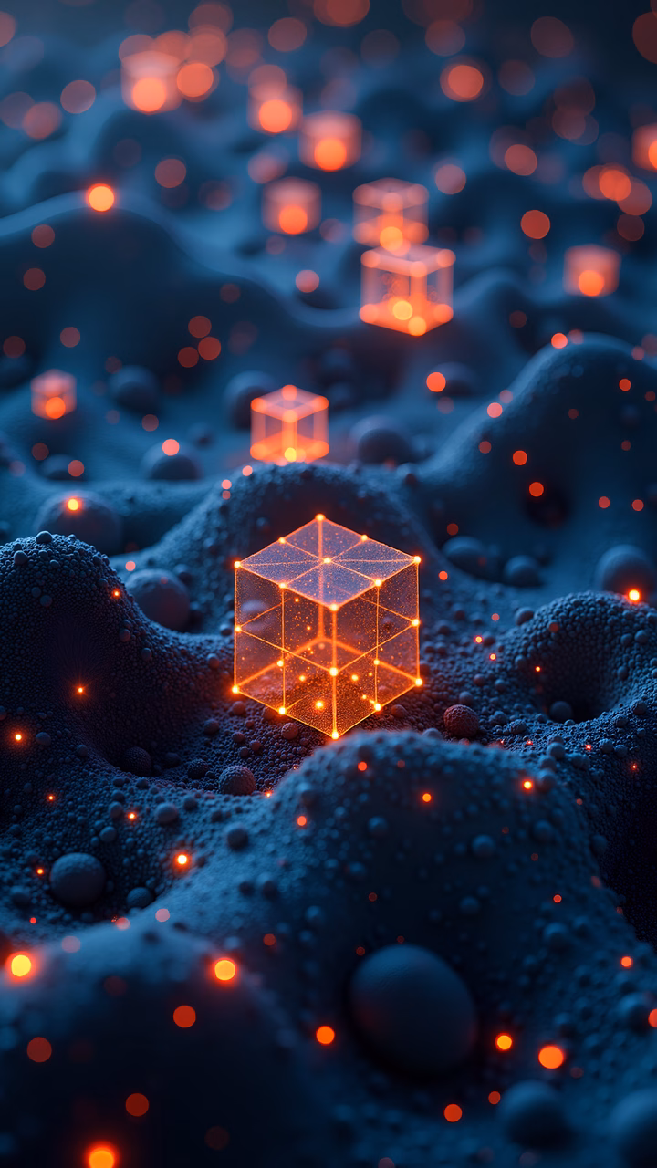 A luminous, geometric cube floating in a mysterious, dark landscape filled with fiery embers.