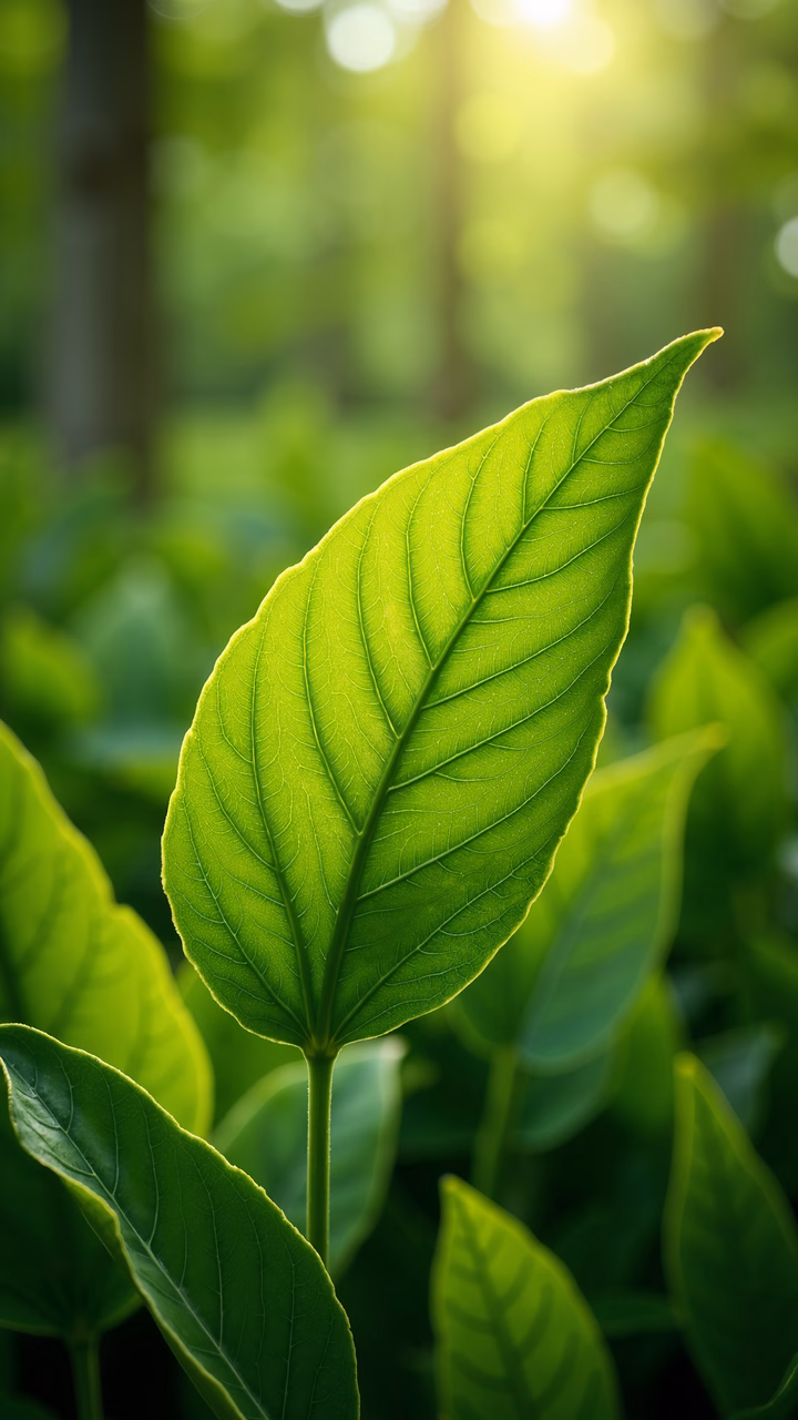 Close-up of a vibrant green leaf with intricate veins, bathed in sunlight.