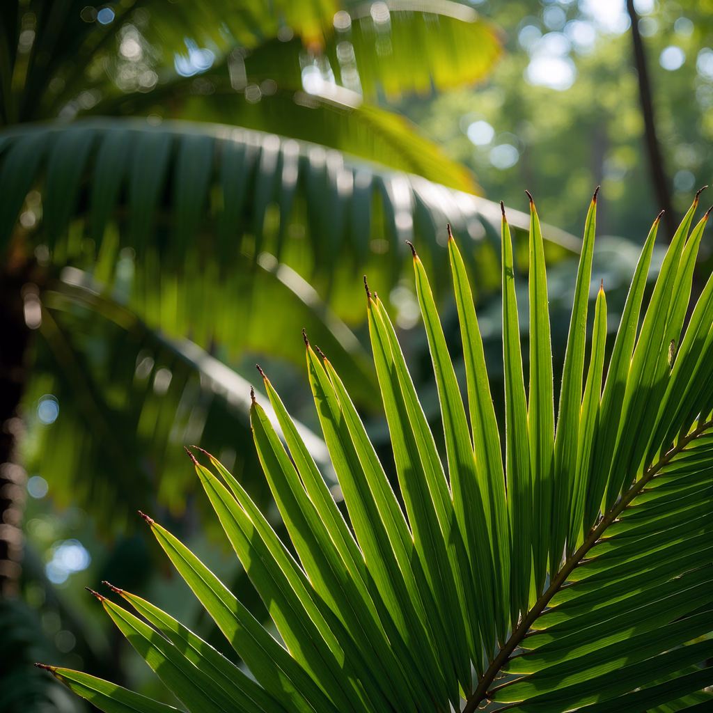 Close-up of lush palm fronds illuminated by dappled sunlight, capturing the serene beauty of nature.