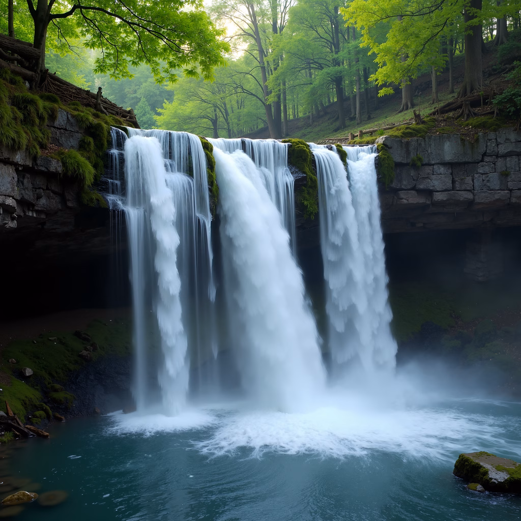A majestic waterfall in a lush forest setting, captured in natural light.