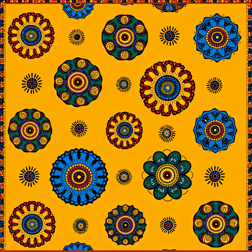 Vibrant mandalas on a yellow background, symbolizing joy and spiritual harmony.