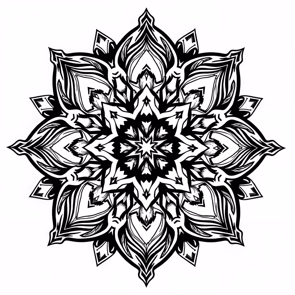 Symmetrical black and white mandala design, tranquil and harmonious atmosphere.