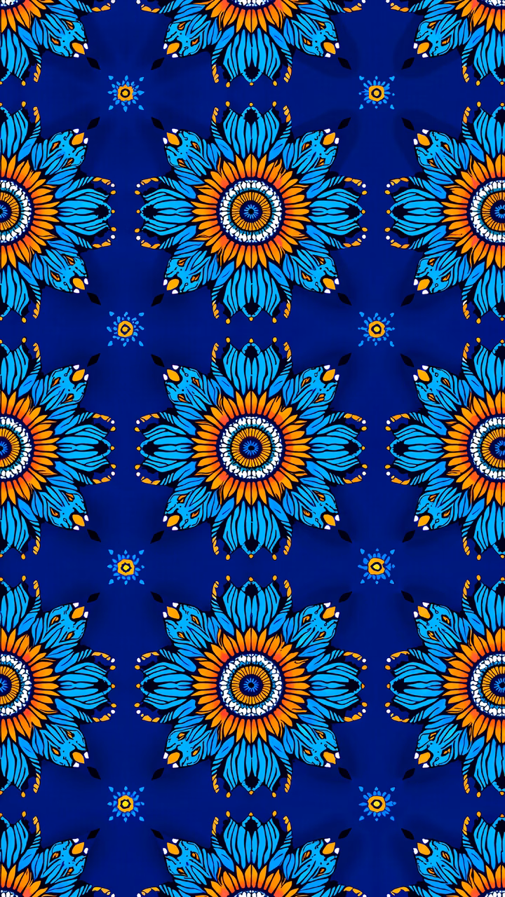 Symmetrical floral mandala pattern in blue and orange on navy background.
