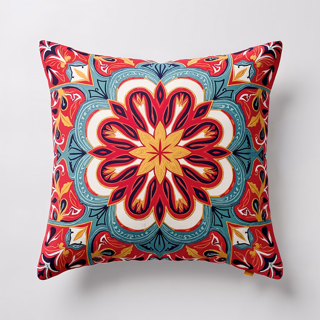 Vibrant mandala pillow featuring intricate floral patterns and bold colors.