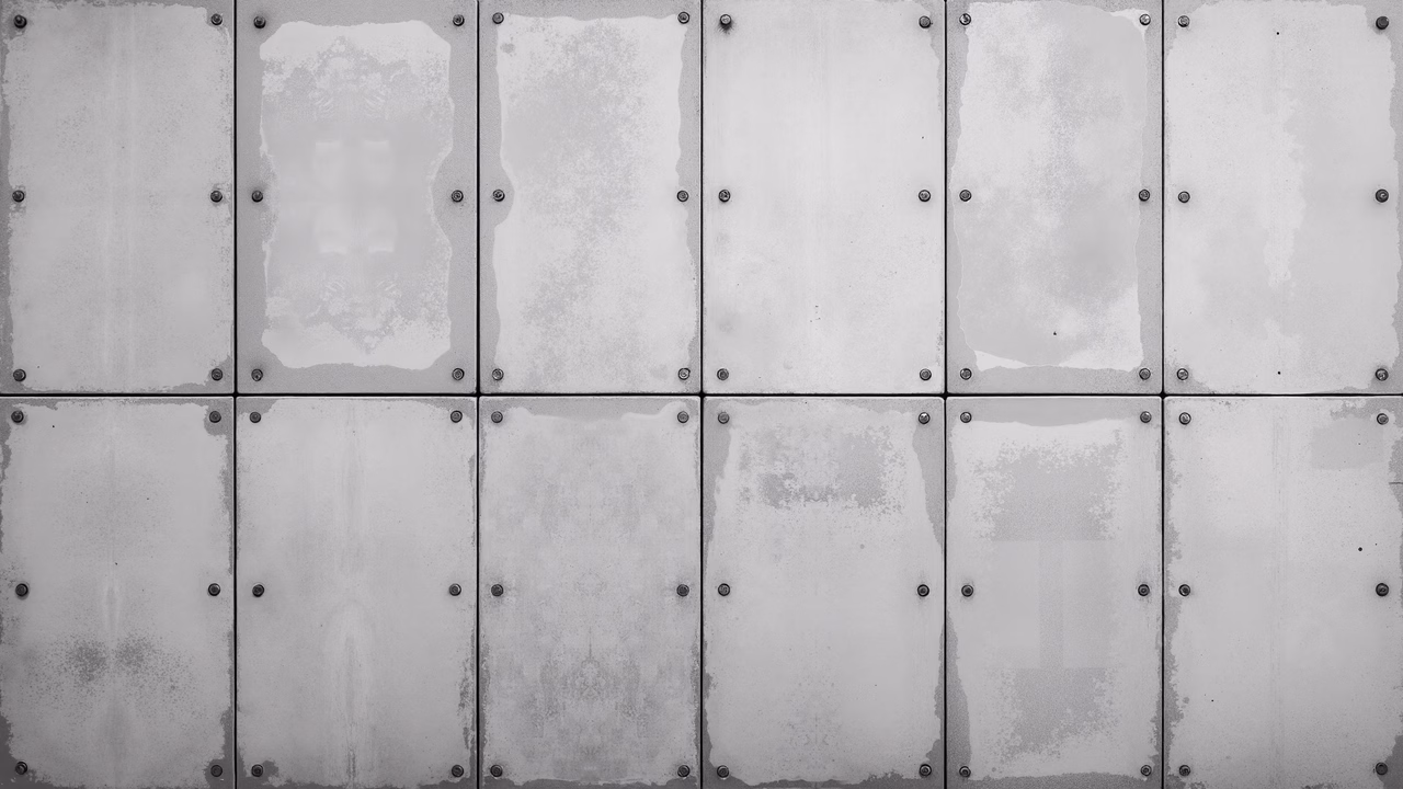 Monochrome metal panels with rivets and wear, architectural decay.