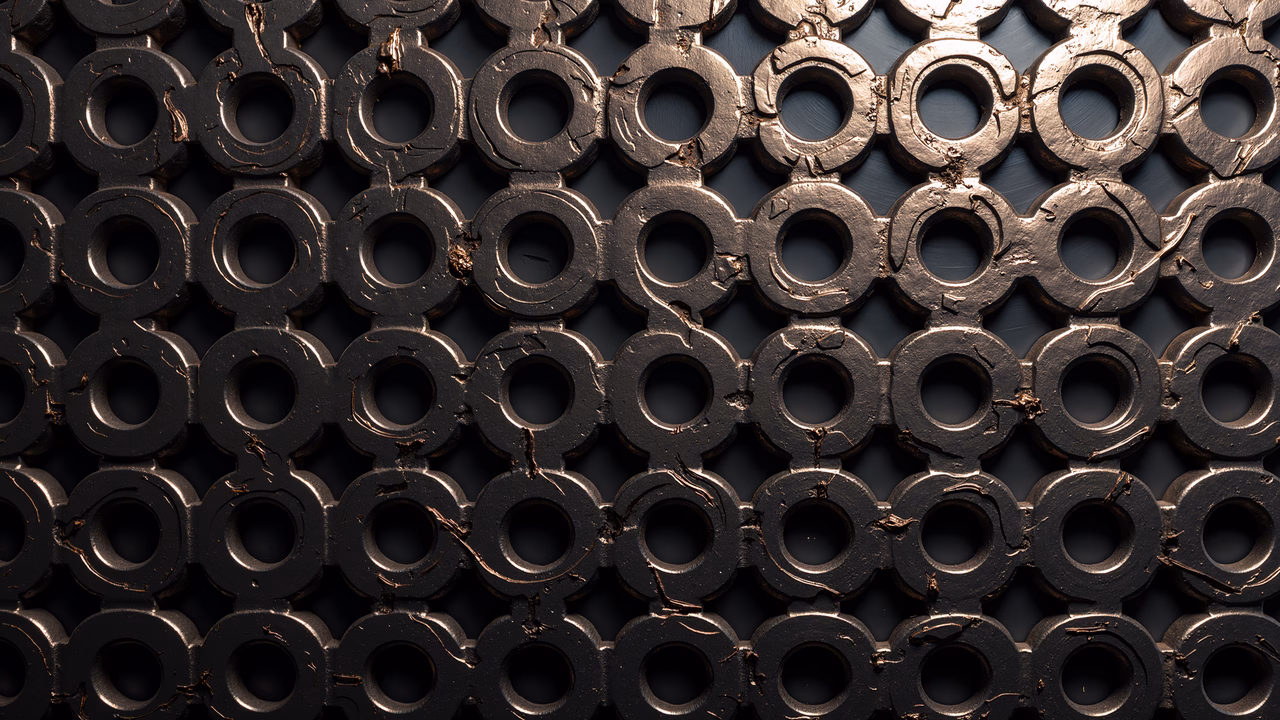 Uniform grid of metallic washers with a mechanical and industrial vibe.