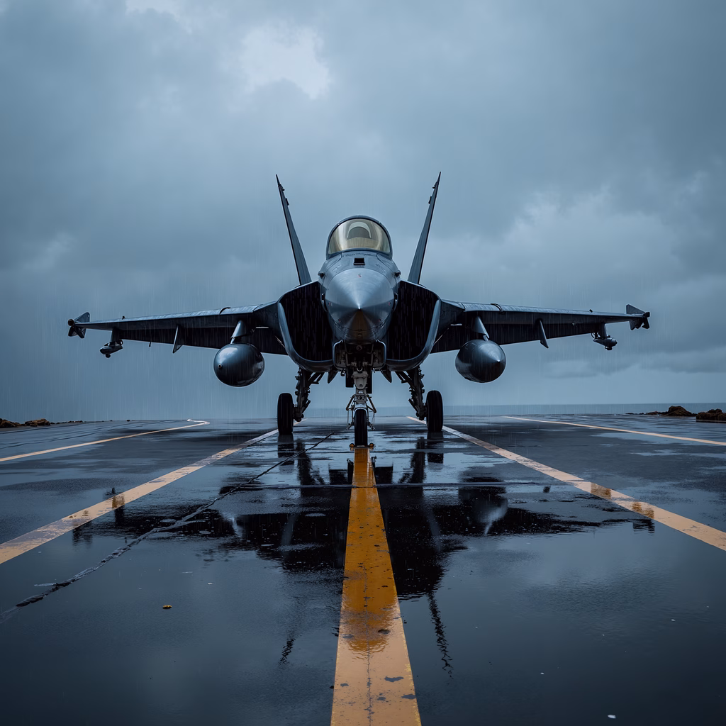 A military jet poised on a wet runway under a cloudy sky, reflecting the overcast light.
