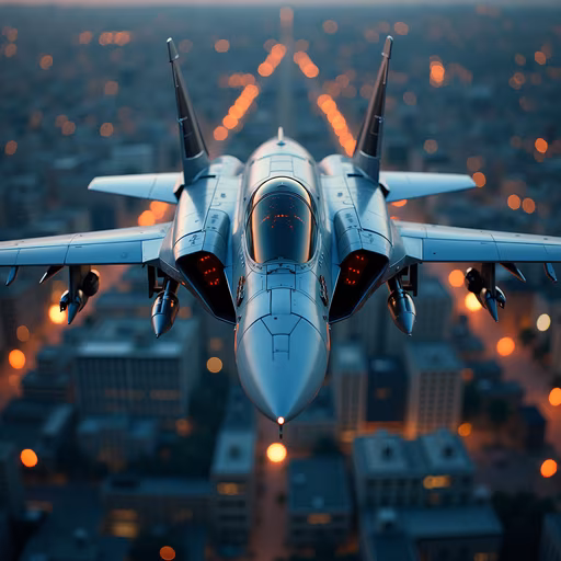 Military Jet Over Cityscape