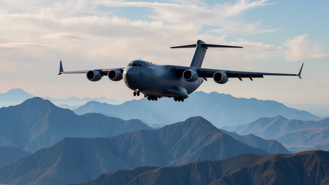 Militarized aircraft flying over majestic mountains under a serene sky.