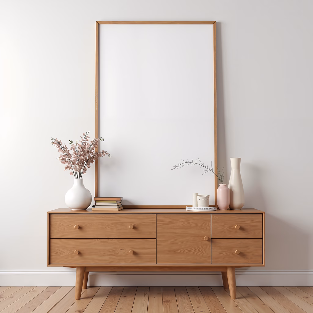A minimalist dresser with floral decor in a serene interior setting.
