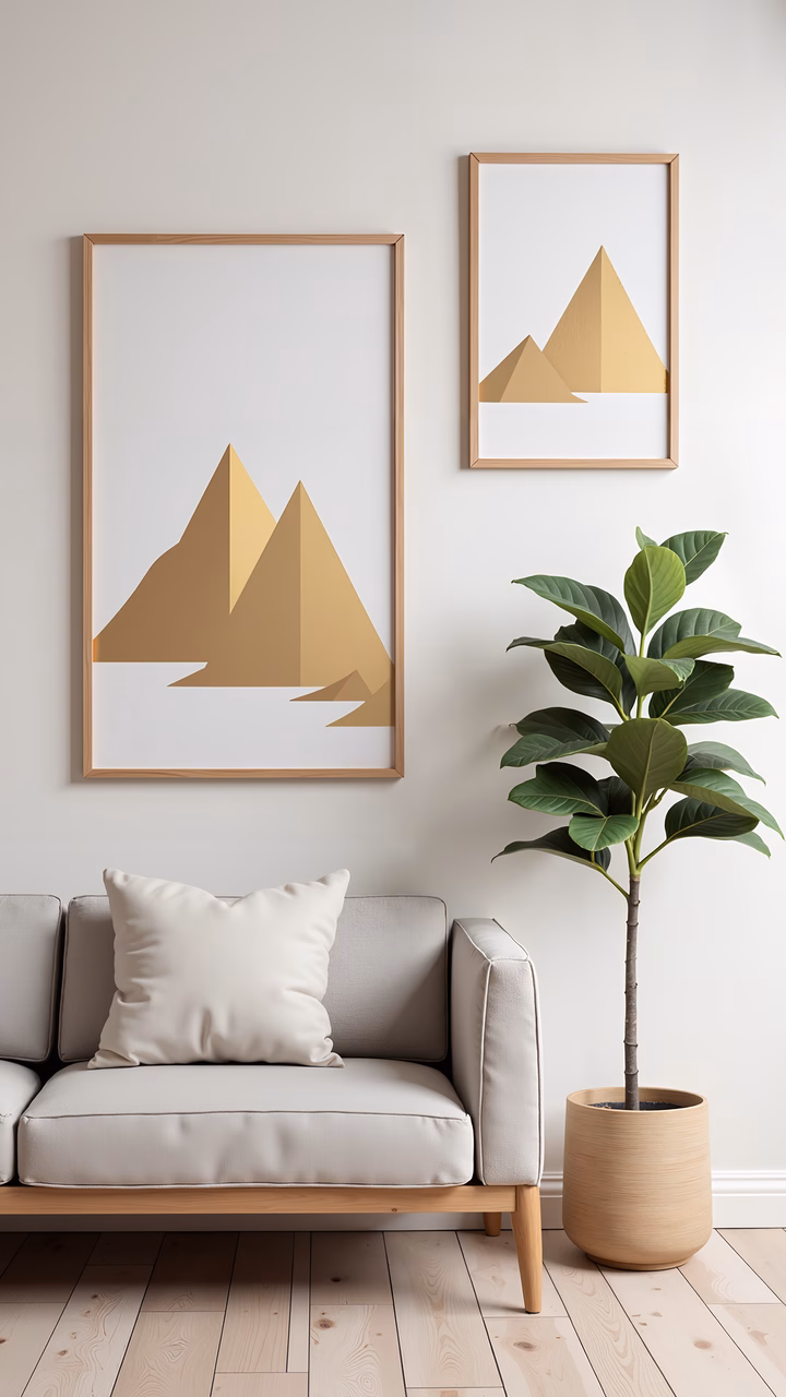 Modern minimalist interior with mountain landscape art and a green plant.