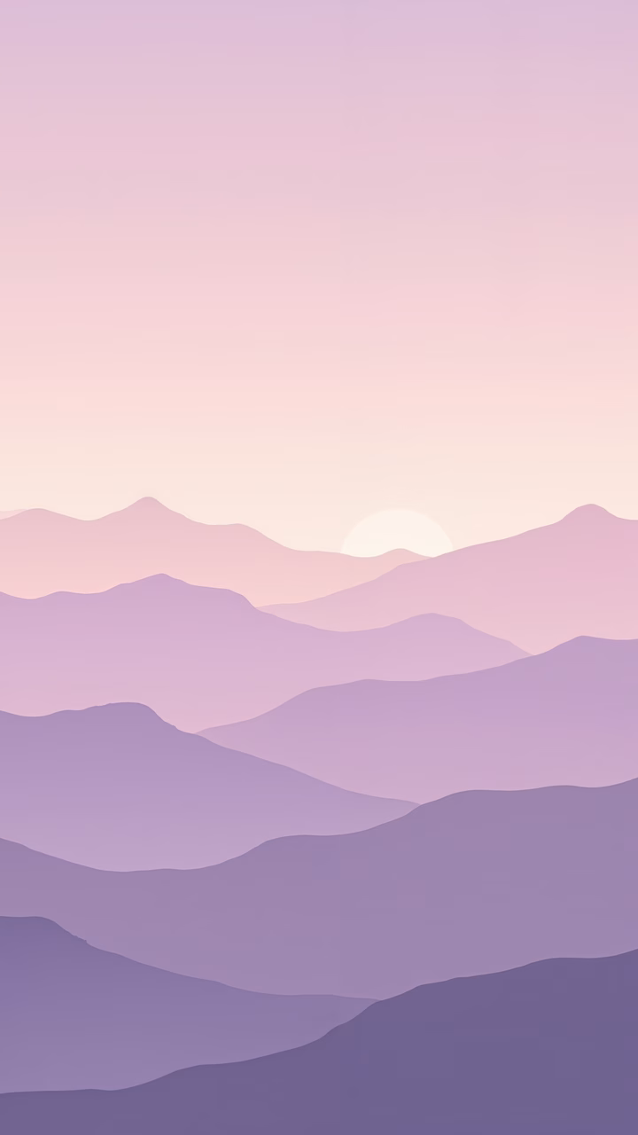 A minimalist illustration of a serene sunset over layered mountains in soft pastel hues.