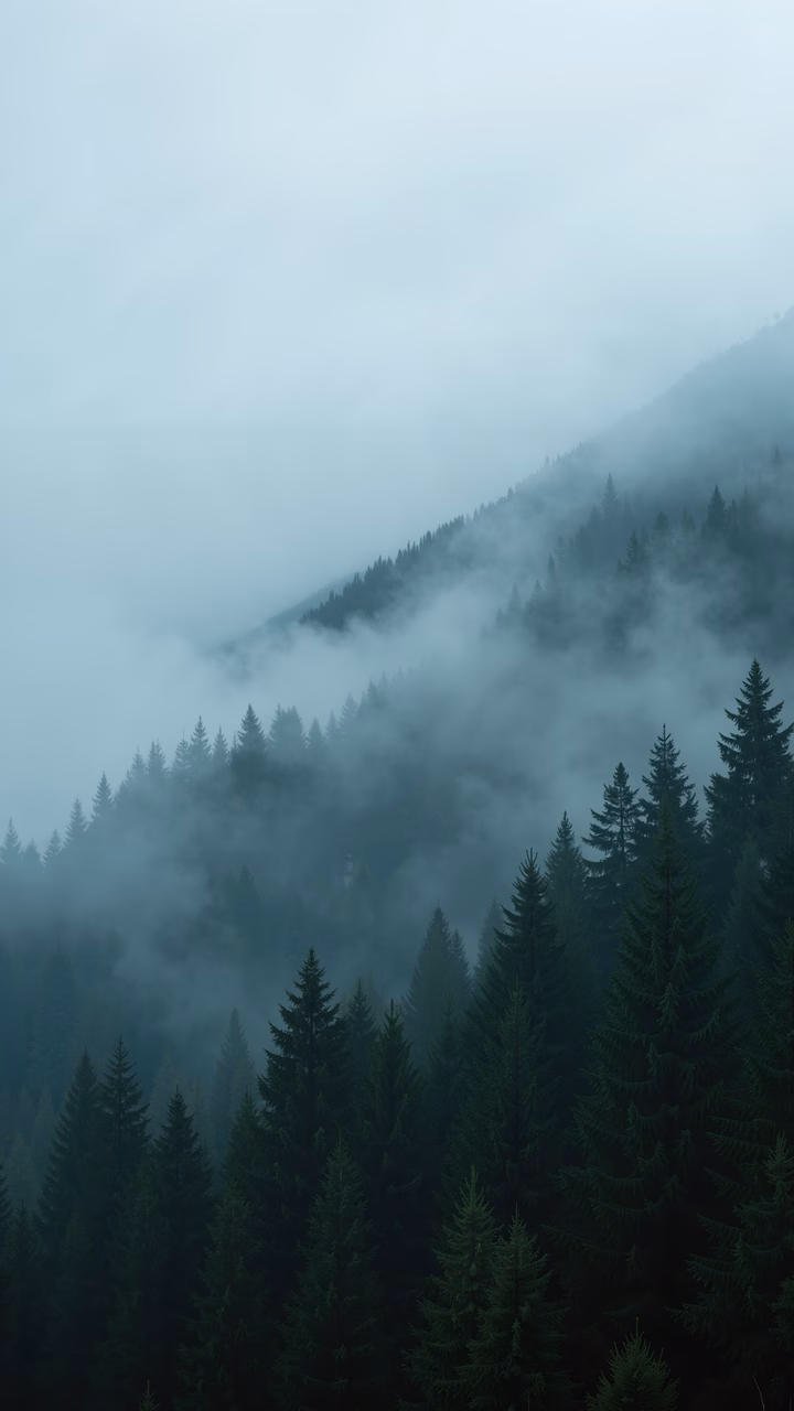 A misty forest scene with dense coniferous trees and soft fog.
