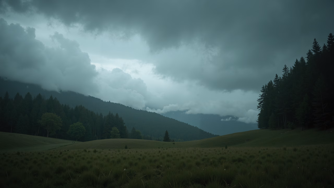 Misty landscape with rolling hills and dense evergreen trees under a cloudy sky.