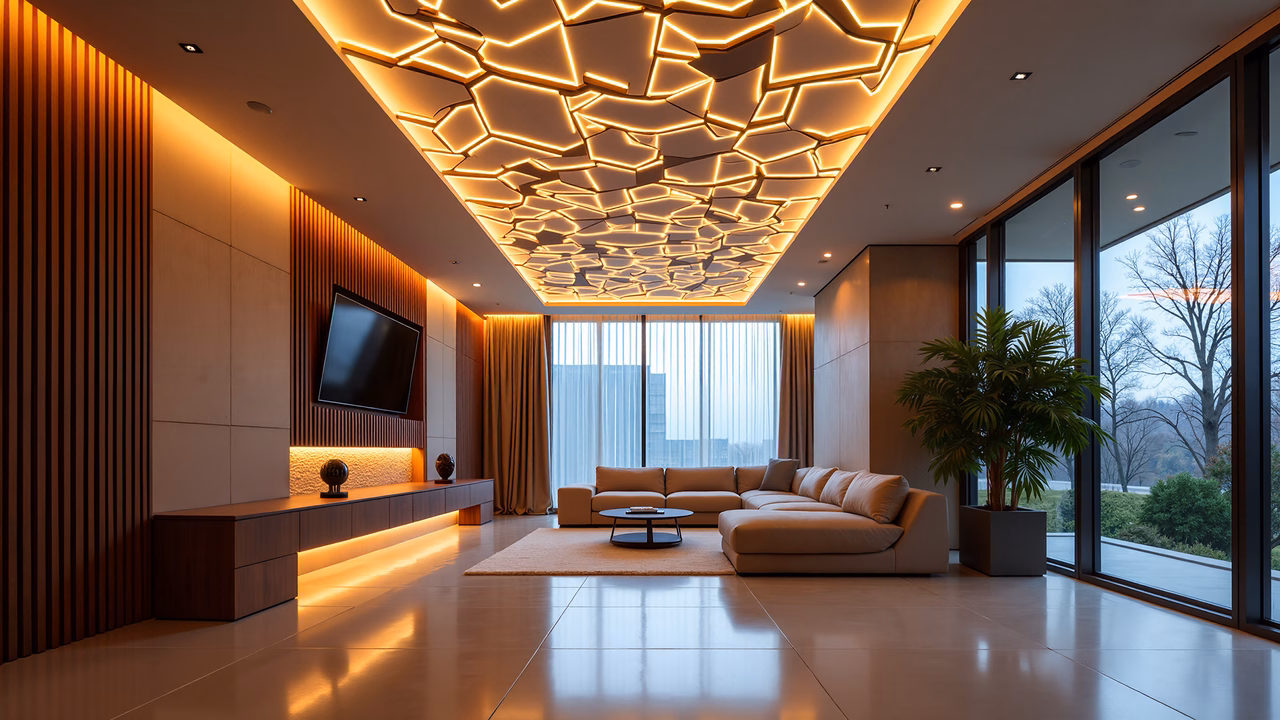 Modern living room with sleek design, warm lighting, and luxurious decor.