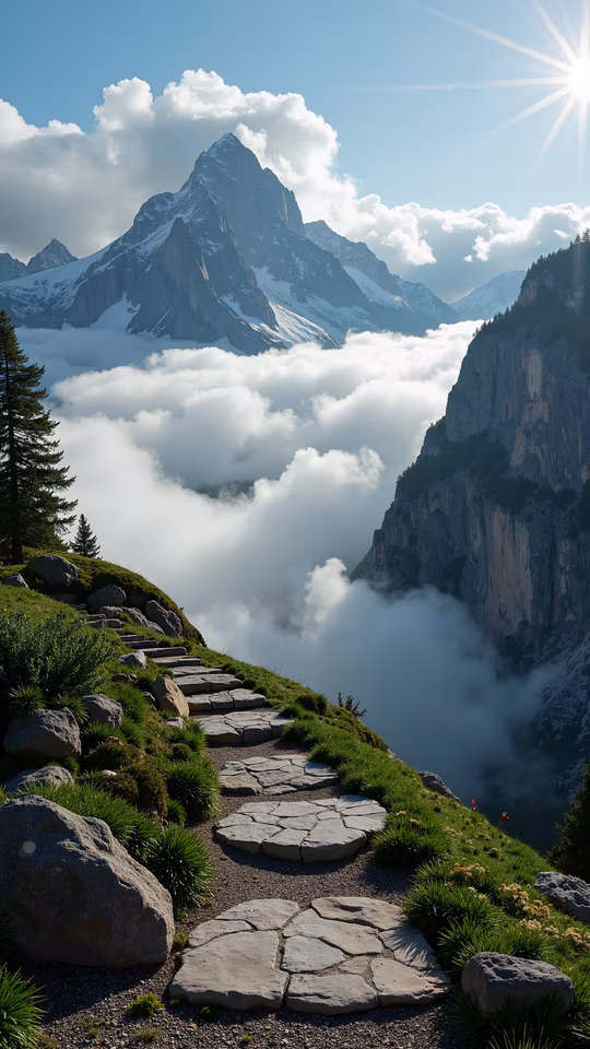 Mountain Pathway Through Clouds