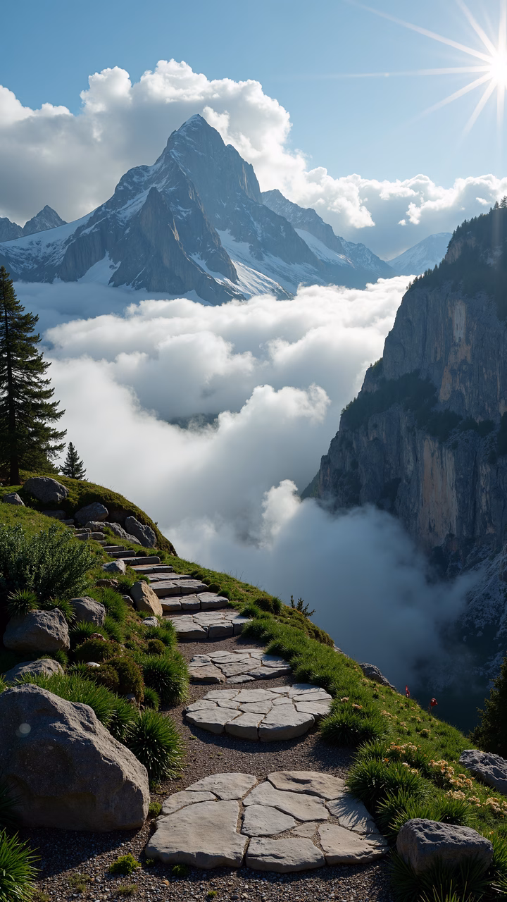 A stone path through a meadow towards towering mountains and clouds.