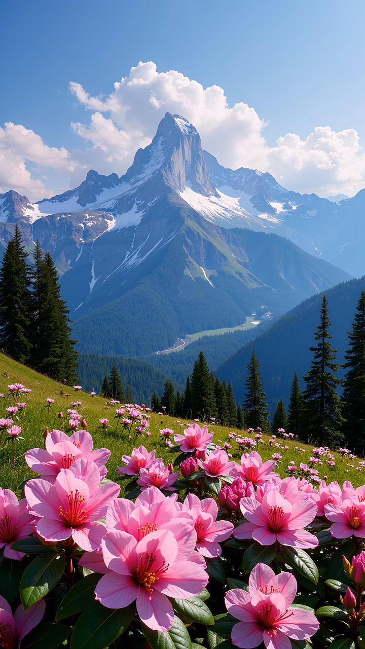 Vibrant pink flowers against a majestic mountain peak under a clear blue sky.