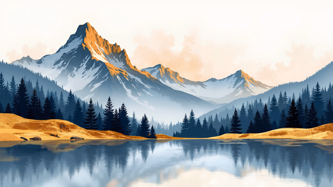 A peaceful mountain landscape with a dog resting by a serene lake, captured in a soft pastel illustration.
