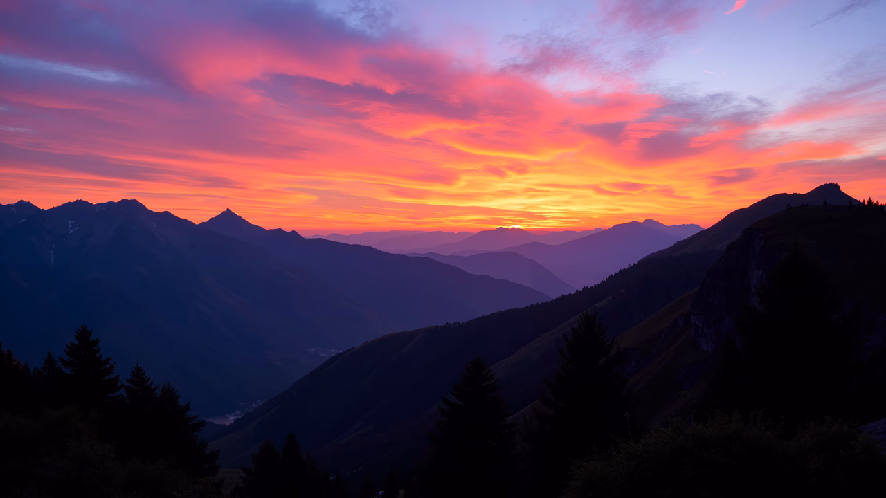 Vibrant sunset over mountainous terrain, serene and awe-inspiring.