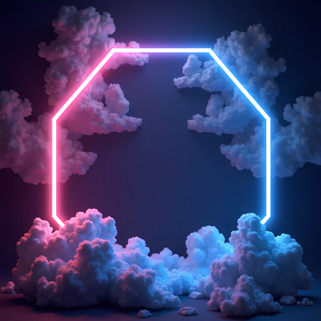 Vibrant neon hexagon against fluffy clouds, creating a surreal and futuristic atmosphere.