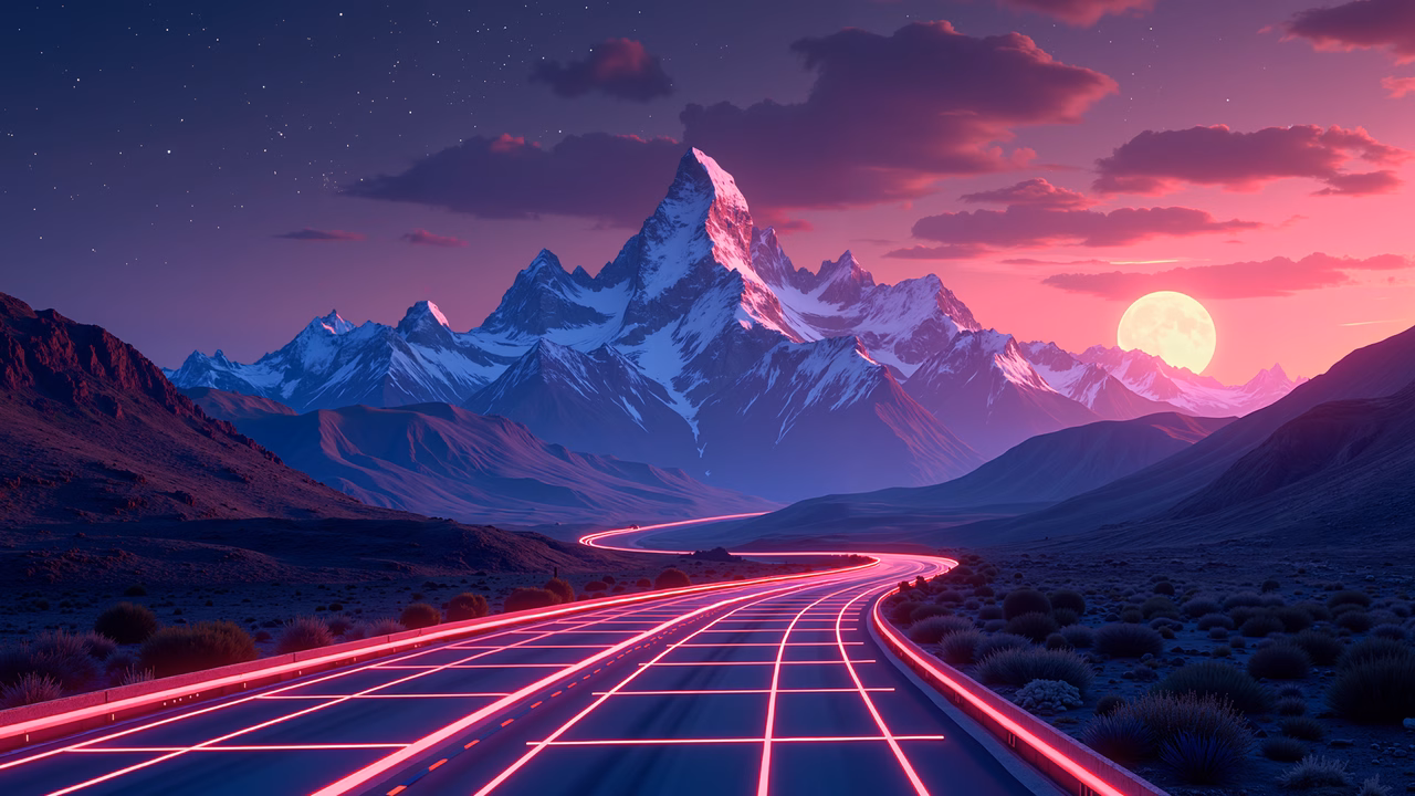 Vibrant neon highway against a serene mountain backdrop at dusk.