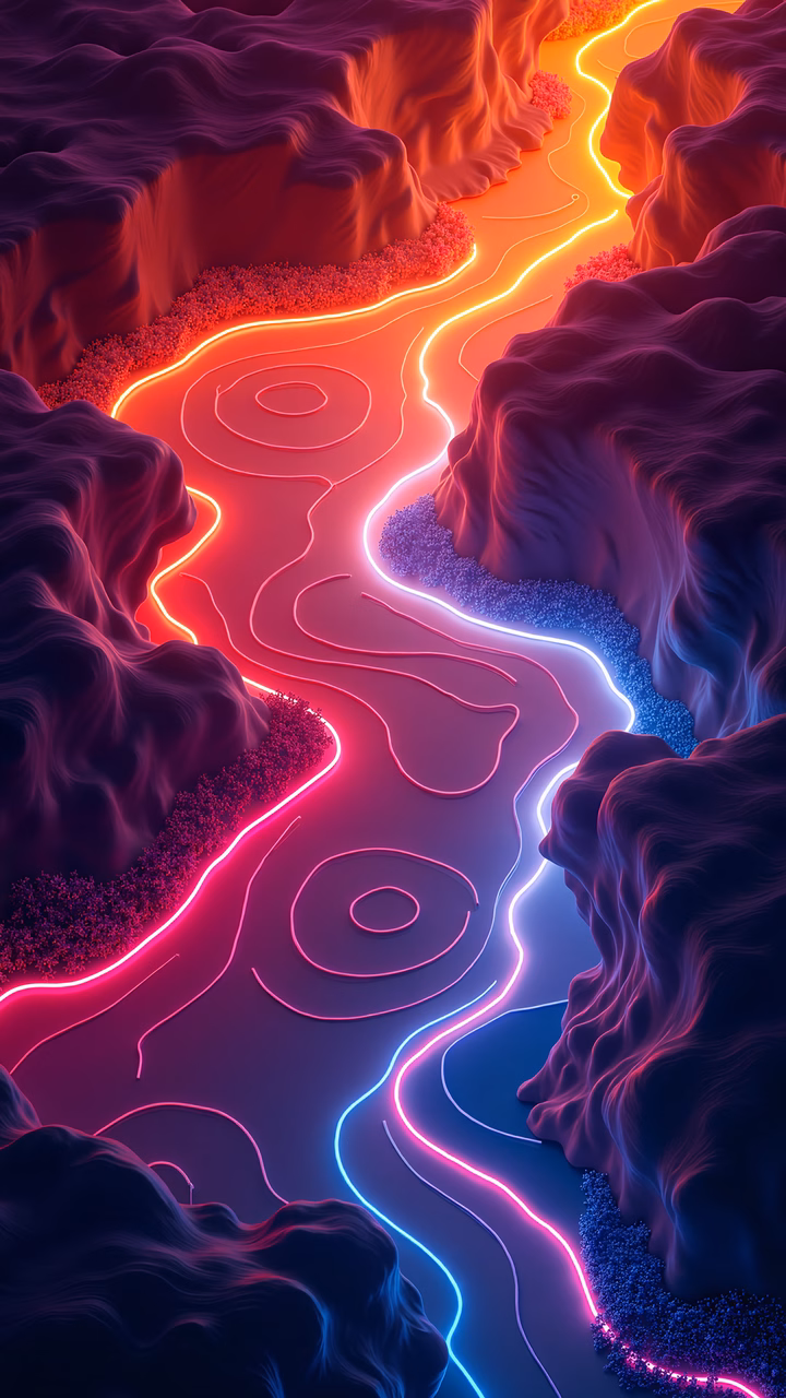 Vibrant neon-lit landscape with rugged terrain and mysterious atmosphere.