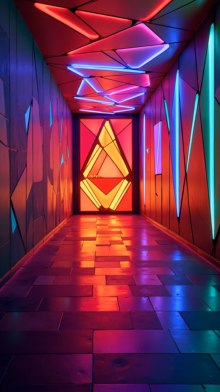 Vibrant neon-lit corridor with geometric designs and reflective flooring.