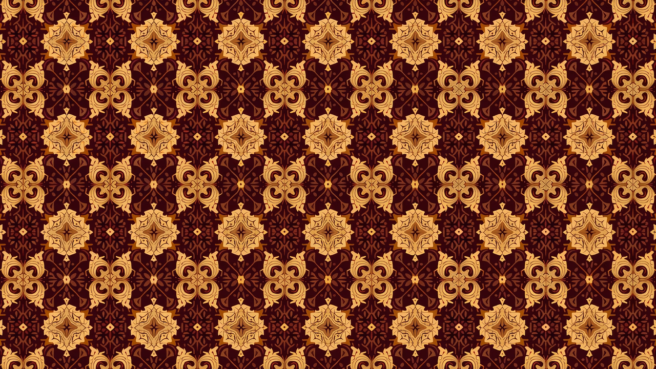 Symmetrical ornate pattern with gold motifs on burgundy background