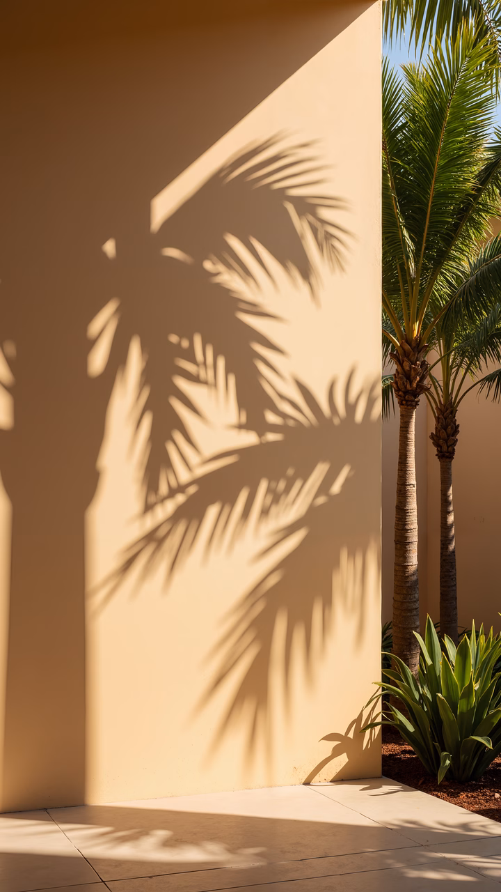 Sunlit palm shadows on a beige wall, evoking tranquility and natural beauty.