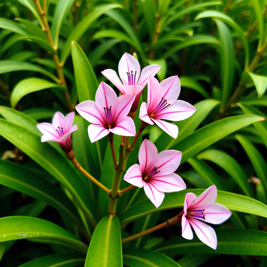 Vibrant pink flowers with purple centers amidst lush greenery, capturing nature's beauty.