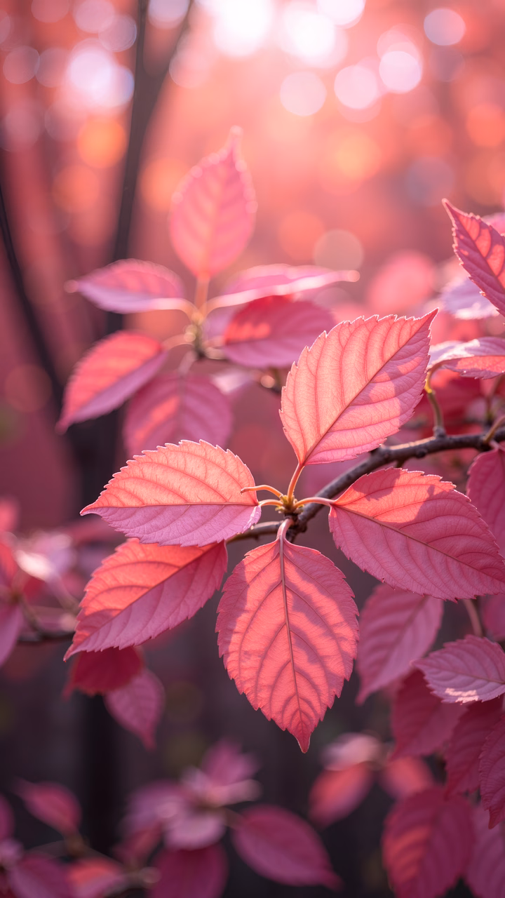 Vibrant pink leaves illuminated by soft sunlight, creating a serene and beautiful natural scene.