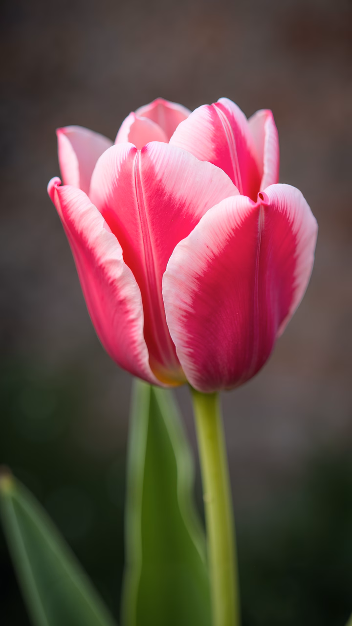 Close-up of a pink tulip with soft, delicate petals and a blurred green background.