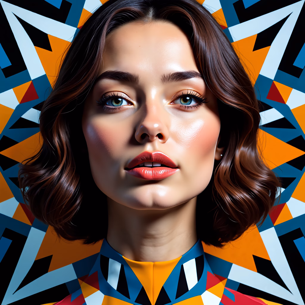 Vibrant pop art portrait with bold geometric patterns and striking colors.