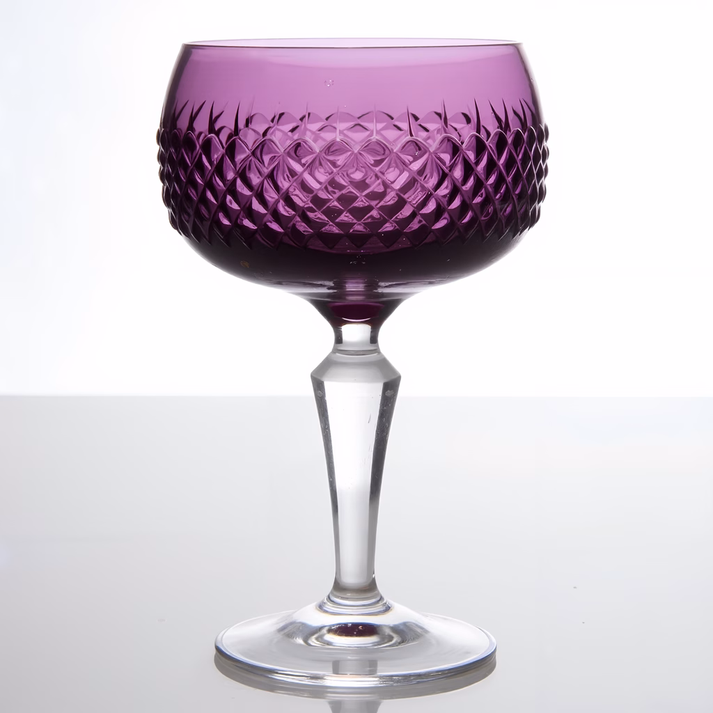 Close-up of a purple crystal glass with geometric patterns, set against a white background.