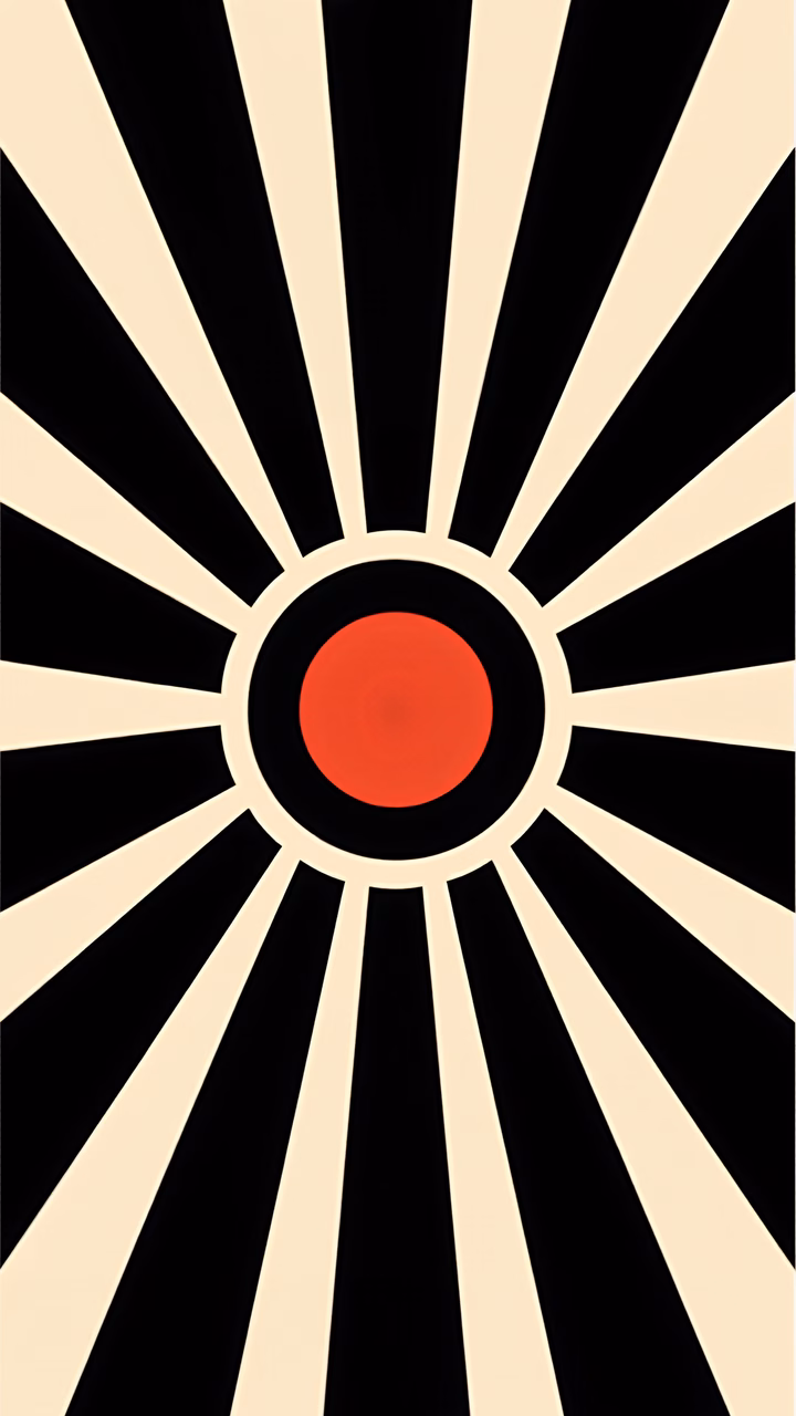 Bold geometric design with a central red circle and radiating black and white stripes.