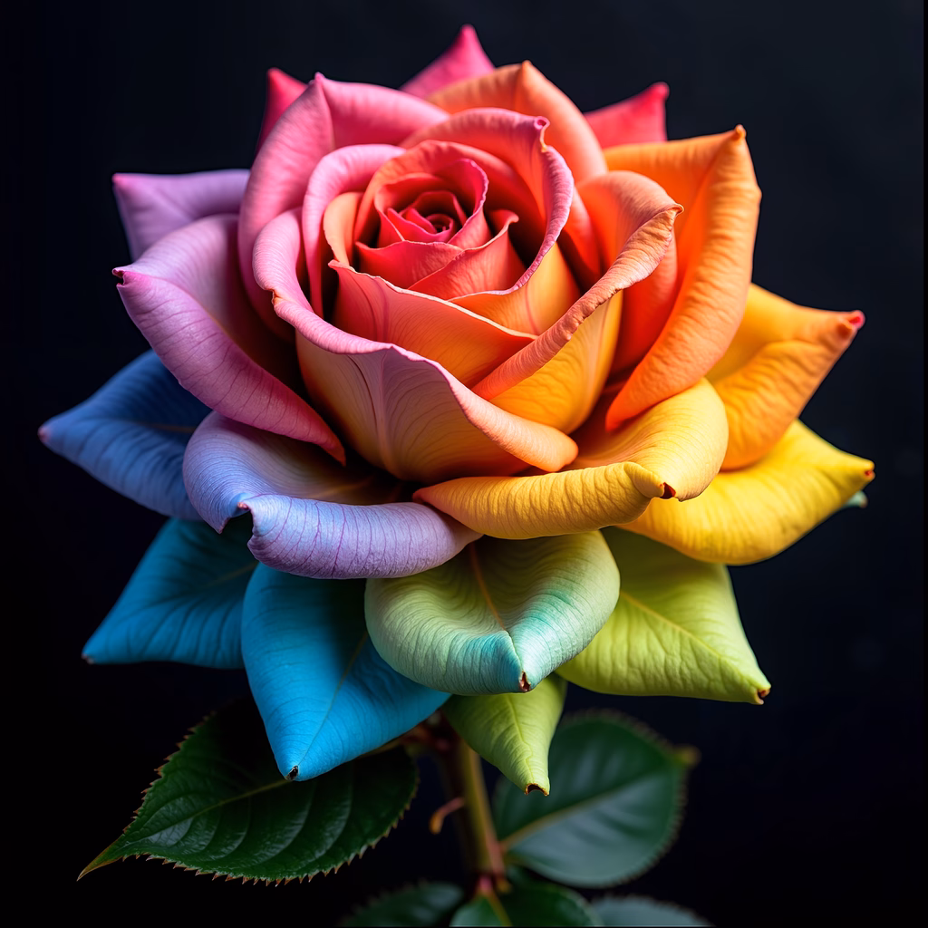 Close-up of a rainbow-colored rose with detailed textures and vibrant colors.