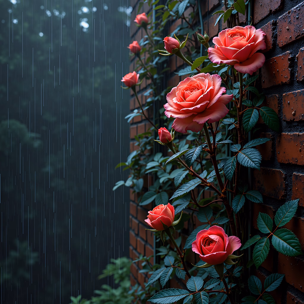 Rainy Roses - Vibrant Pink Blossoms Against Wet Bricks