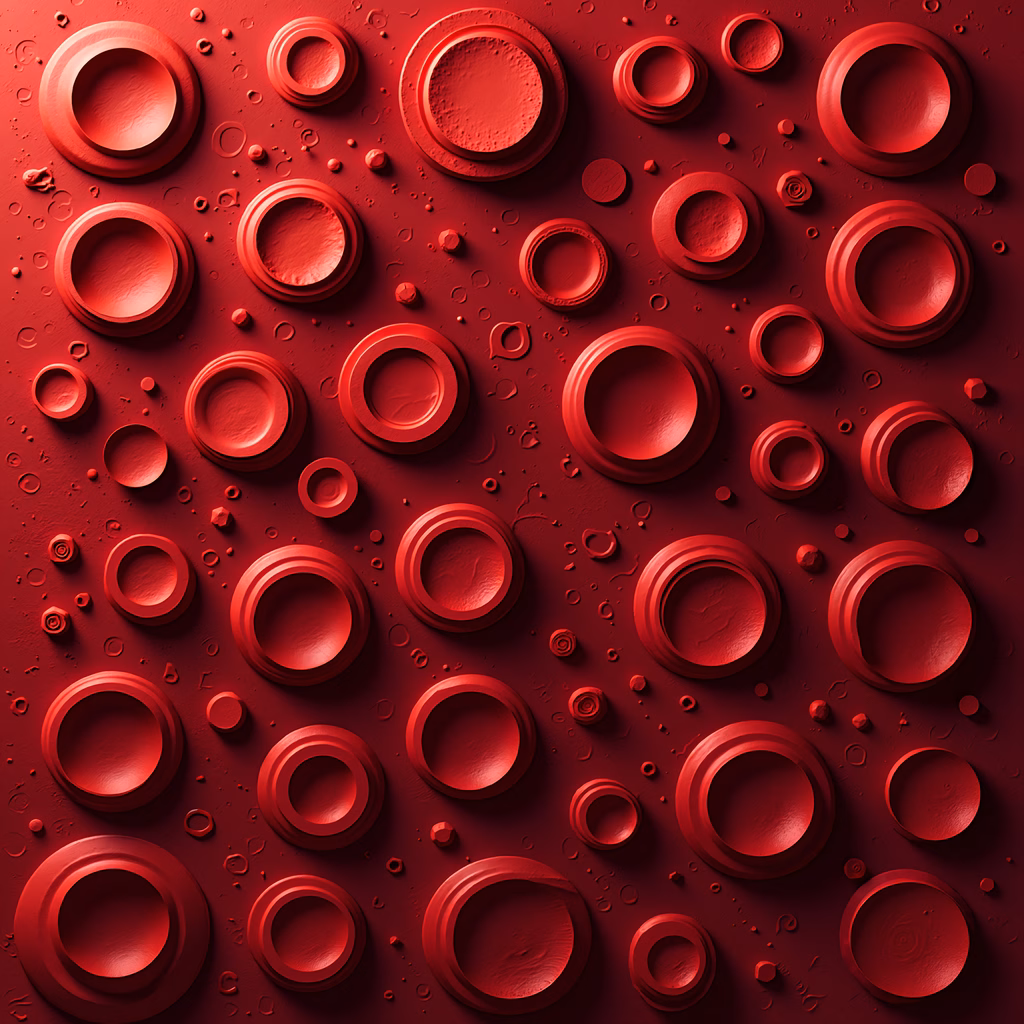 Abstract illustration with red circles and textured surfaces.