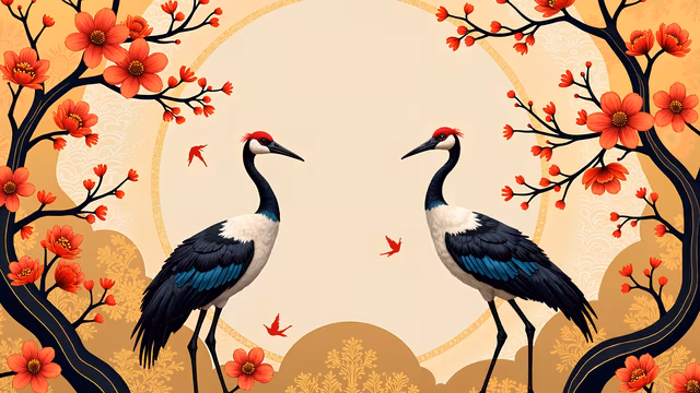 Red-Crowned Cranes and Blossoms