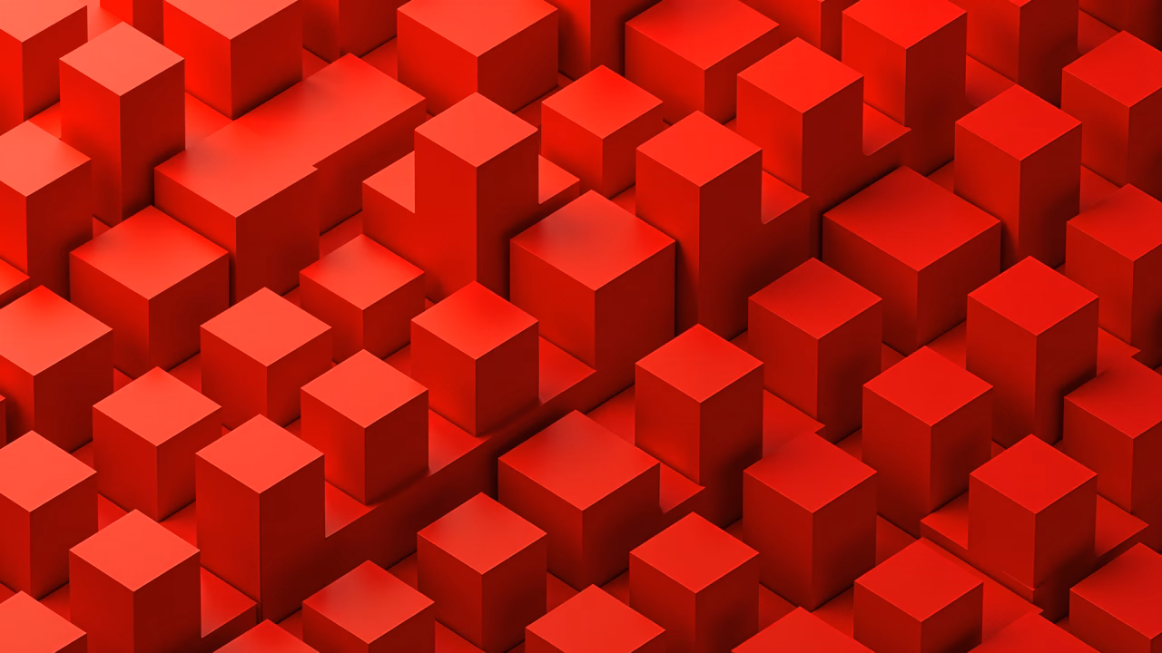 Uniform red cubes create a striking abstract composition.