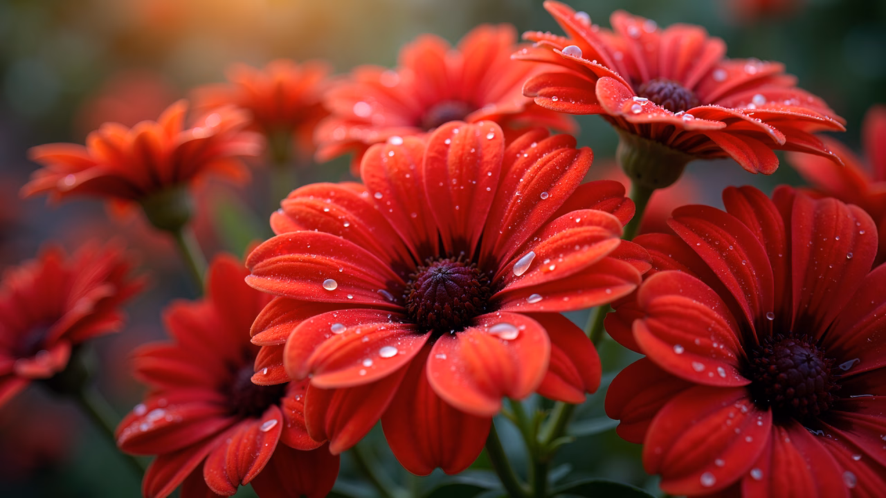 Vibrant red gerbera daisies with dew droplets, nature photography
